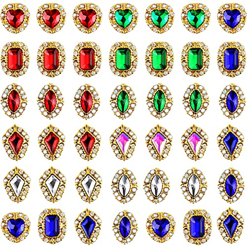 42 חתיכות גבישי 3D מסמר קמעות, יהלום אמנות ציפורן אבני חן קסמי לב 3D צורת הציפורן קסם זוהר יהלומים מלאכותיים אמנות ציפורן