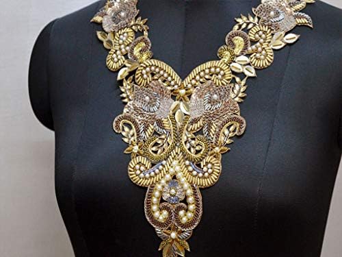 סיטונאי עיצוב שמלות בעבודת יד חרוזים צוואר תיקונים הודי כבד תחפושות, מסוגנן דקורטיבי צווארון זהב בעבודת יד מחשוף תיקונים