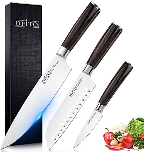 DFITO מקצועי שף סט סכינים סכין חדה, גרמנית גבוהה פחמן פלדה אל חלד סכין מטבח, סט 3 יח', ארגונומי Pakkawood לטפל, סט סכינים